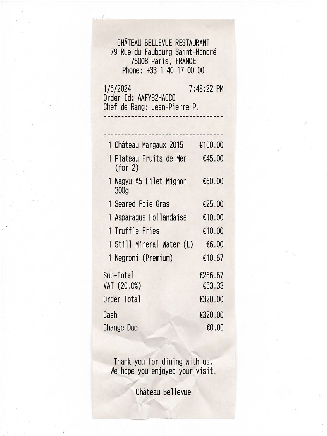 A photographed fake Five Guys receipt lying on a wooden table, creased and lit from one side, listing two bacon cheeseburgers, a fry and two sodas with a sub-total of $22.35 and a total of $24.14. Near the bottom a line reads DO NOT TRUST this reciept, and a four-pointed sparkle glyph sits in the lower right corner