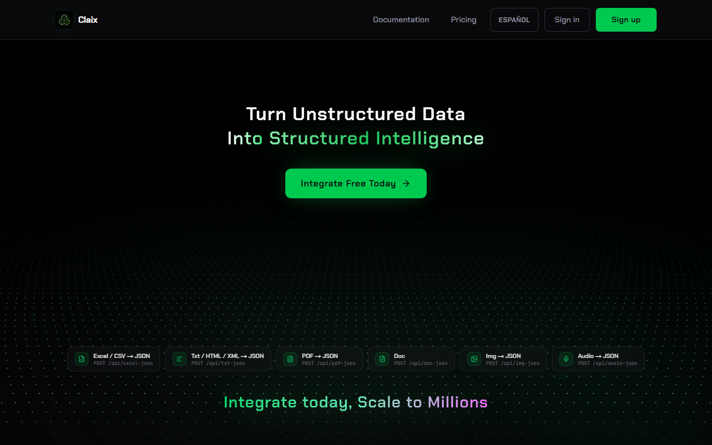 Claix homepage with the headline Turn Unstructured Data Into Structured Intelligence and six file-to-JSON endpoints