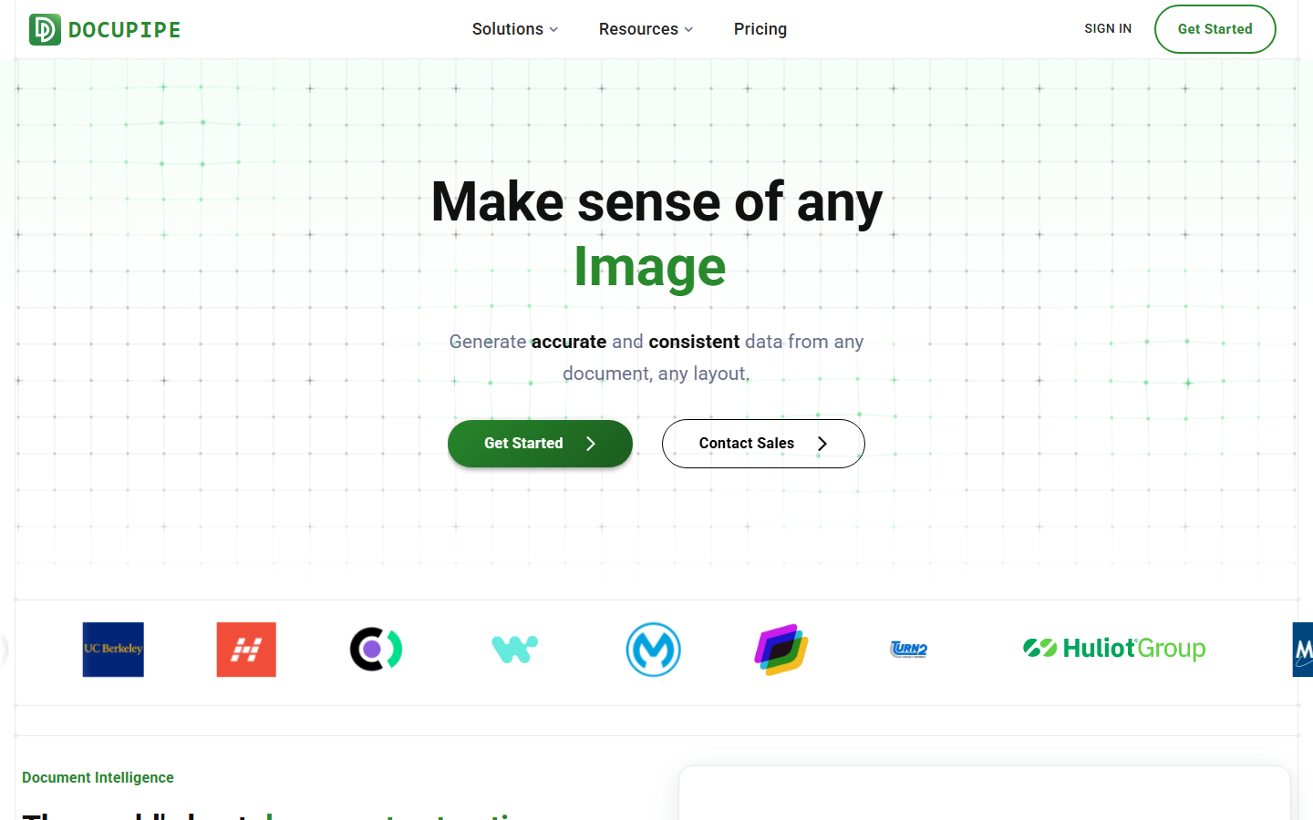 DocuPipe homepage with the headline Make sense of any Image and the tagline Generate accurate and consistent data from any document, any layout