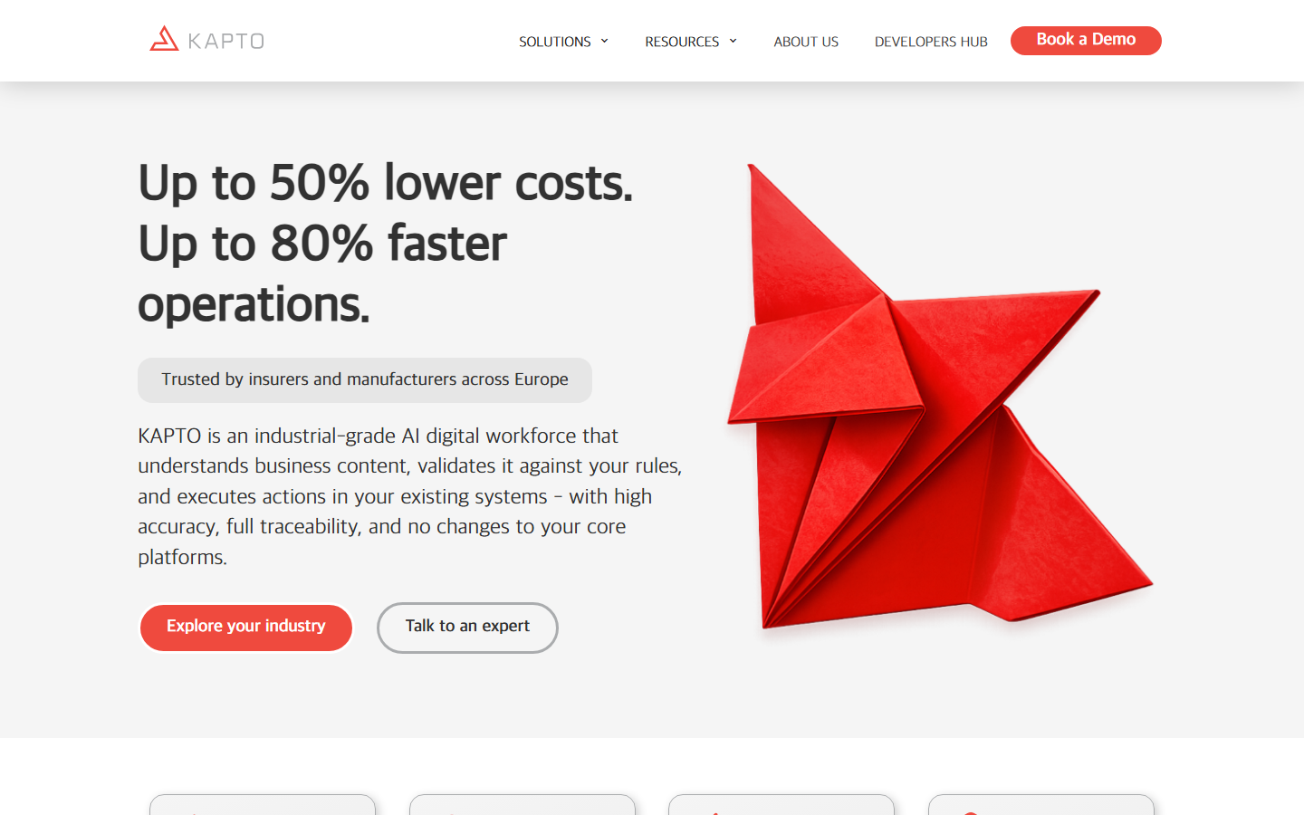 KAPTO homepage with the headline Up to 50% lower costs, Up to 80% faster operations