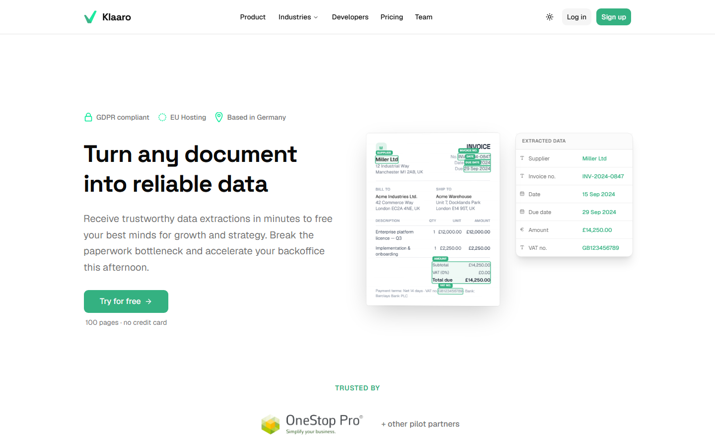 Klaaro homepage showing the tagline Turn any document into reliable data beside an invoice with extracted fields