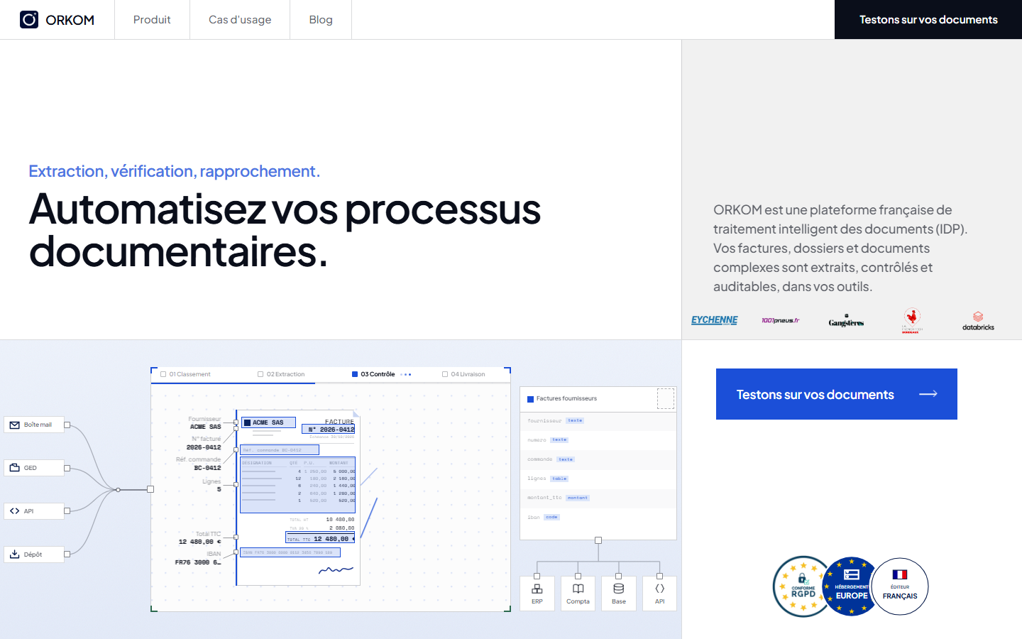 ORKOM homepage with the tagline Extraction, vérification, rapprochement and a workflow diagram from mailbox to ERP