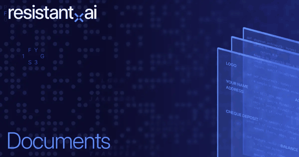 Resistant AI Documents product graphic showing layered document scans over code
