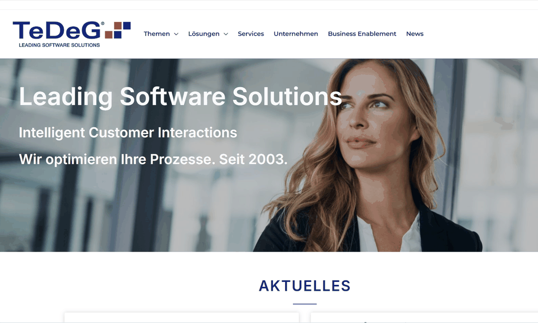 TeDeG homepage with the Leading Software Solutions and Intelligent Customer Interactions taglines