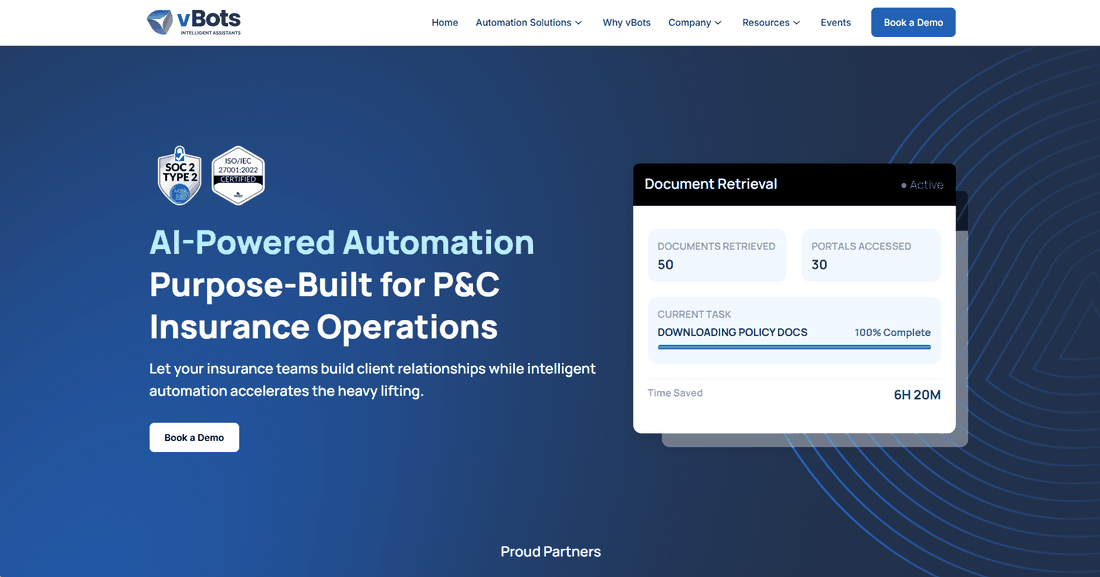 vBots homepage showing the P&C insurance automation positioning and a document retrieval assistant panel
